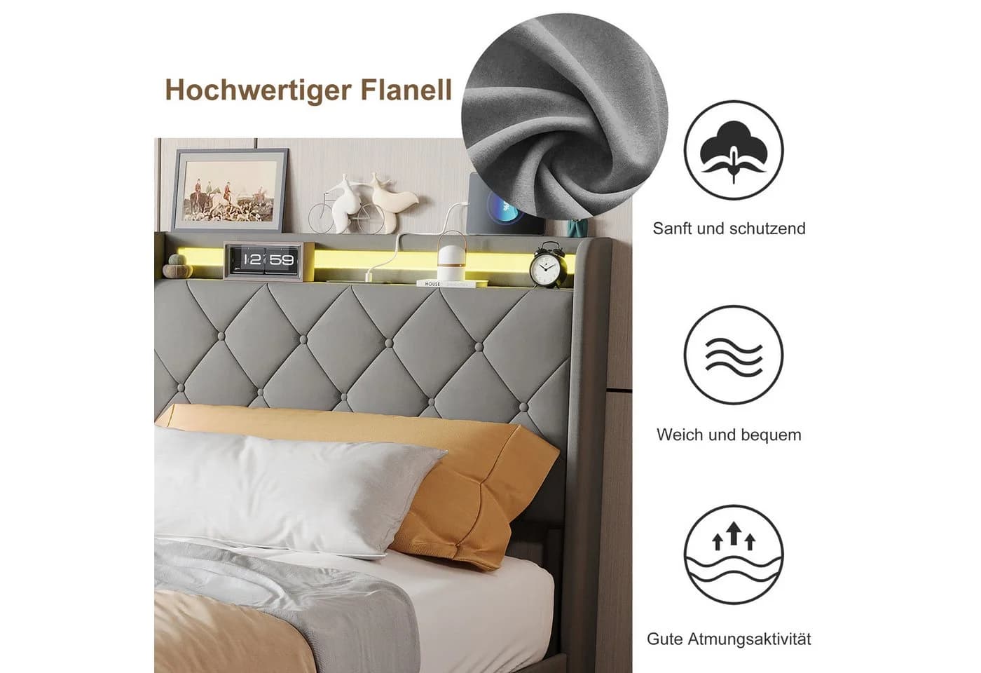 zebery Polsterbett mit LED-Beleuchtung und USB-Ladefunktion Grau - Bild 5