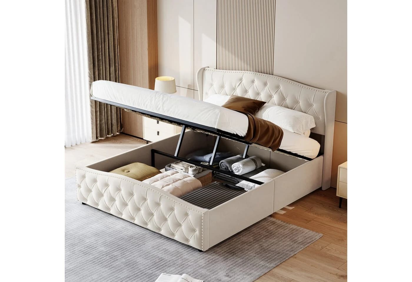zebery Polsterbett mit Stauraum und Lattenrost Beige Samt