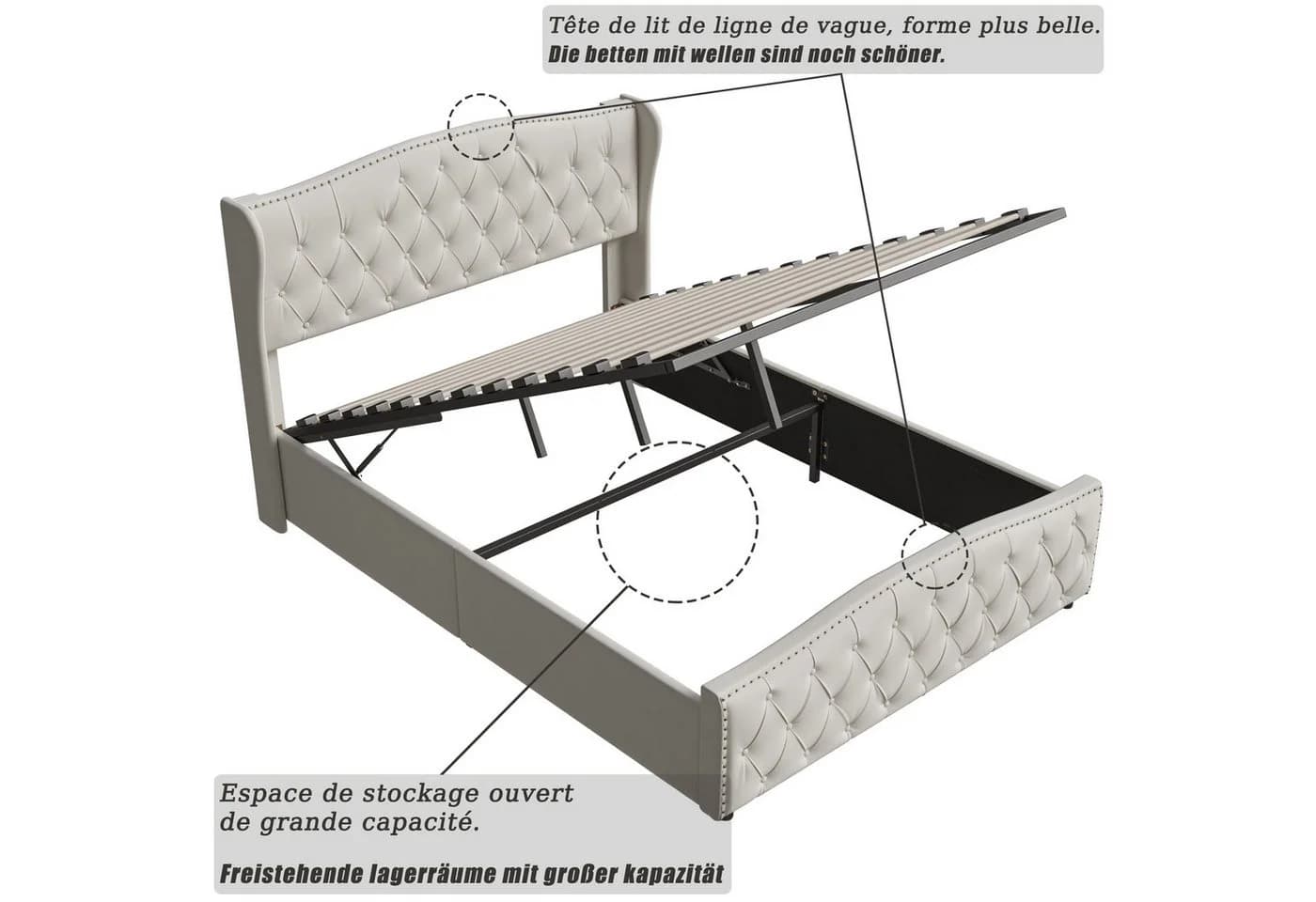 zebery Polsterbett mit Stauraum und Lattenrost Beige Samt - Bild 4