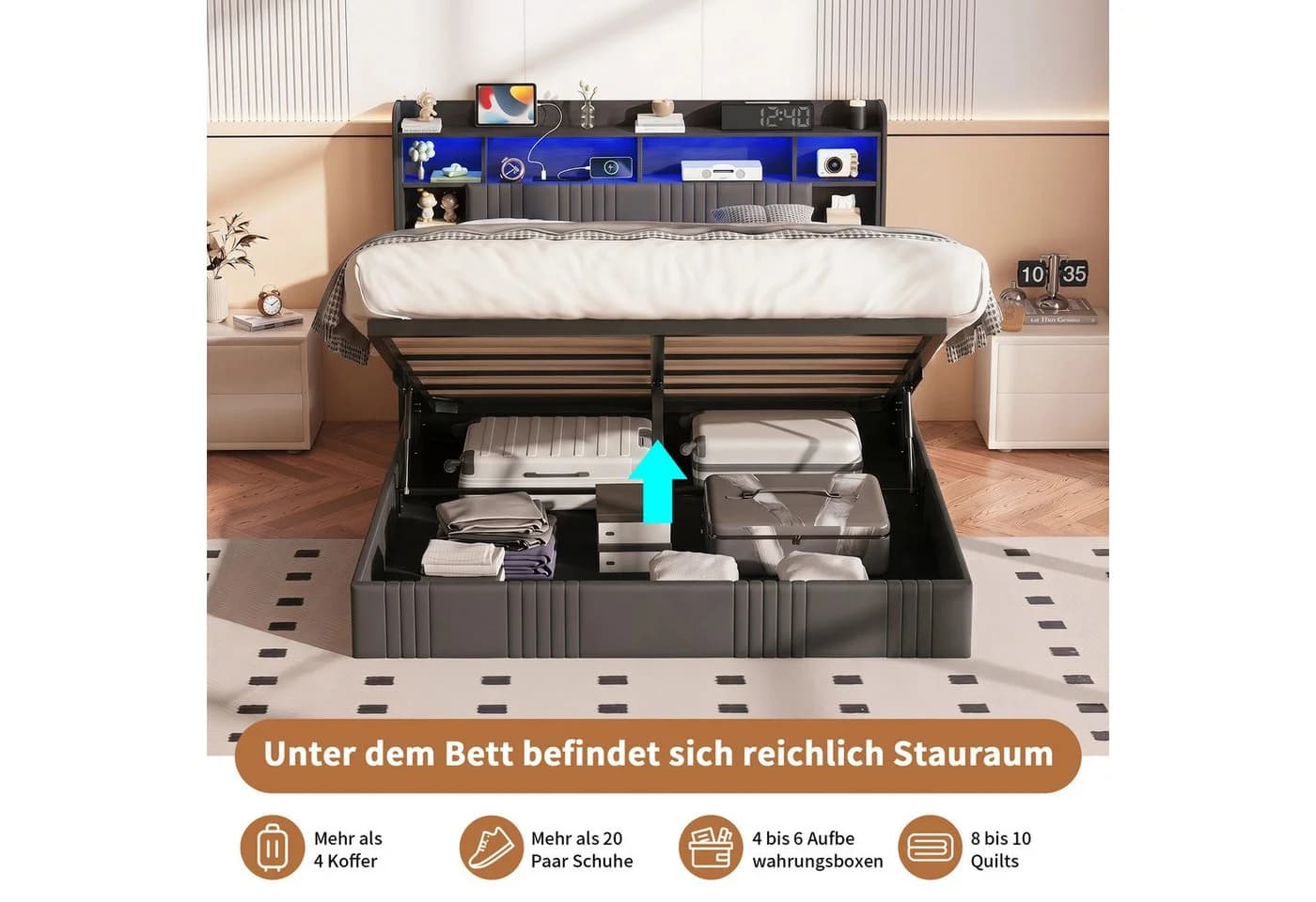 Yelenaro Polsterbett 140x200 Grau mit LED & Stauraum