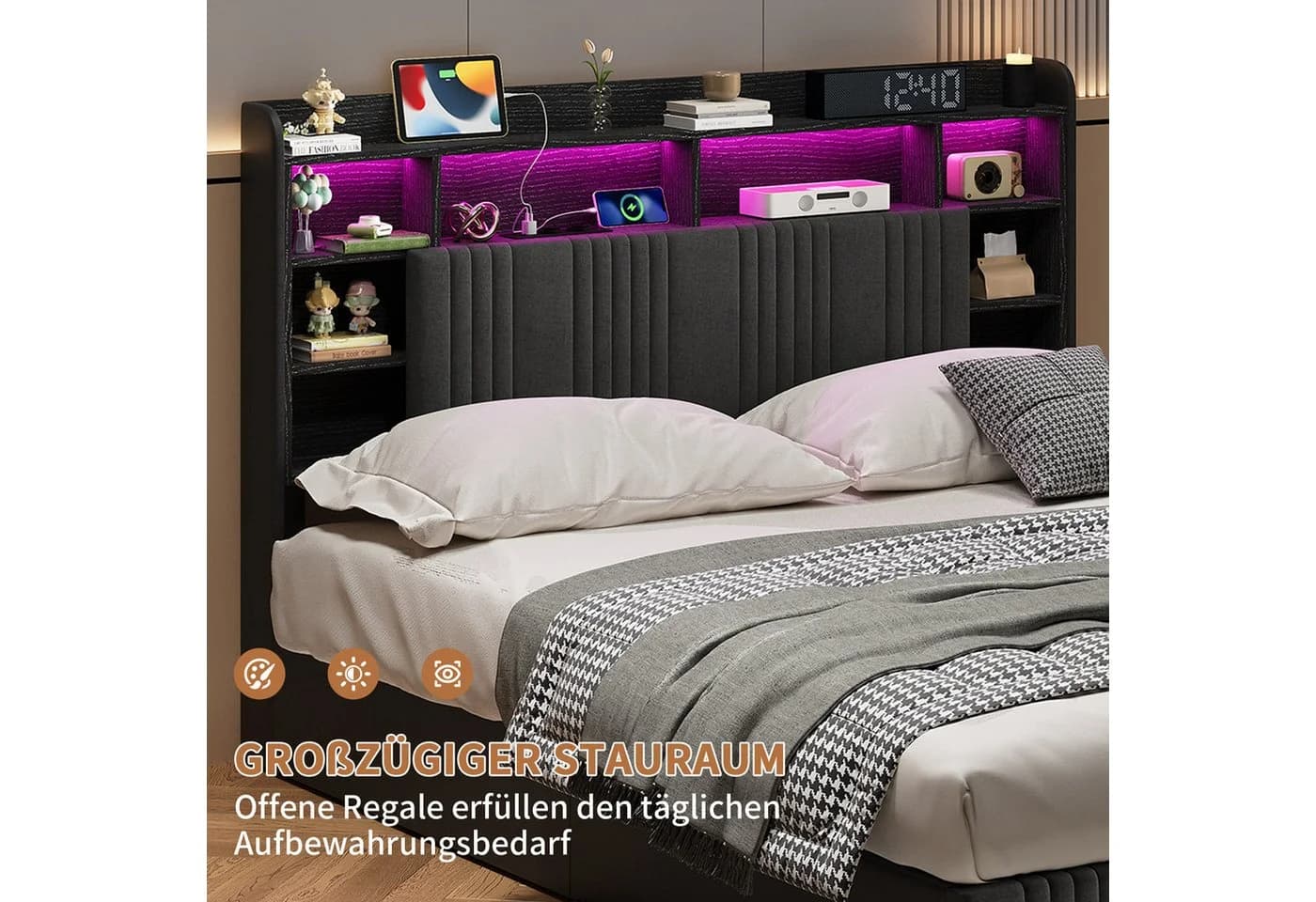 Yelenaro Polsterbett 140x200 Grau mit LED & Stauraum - Bild 3