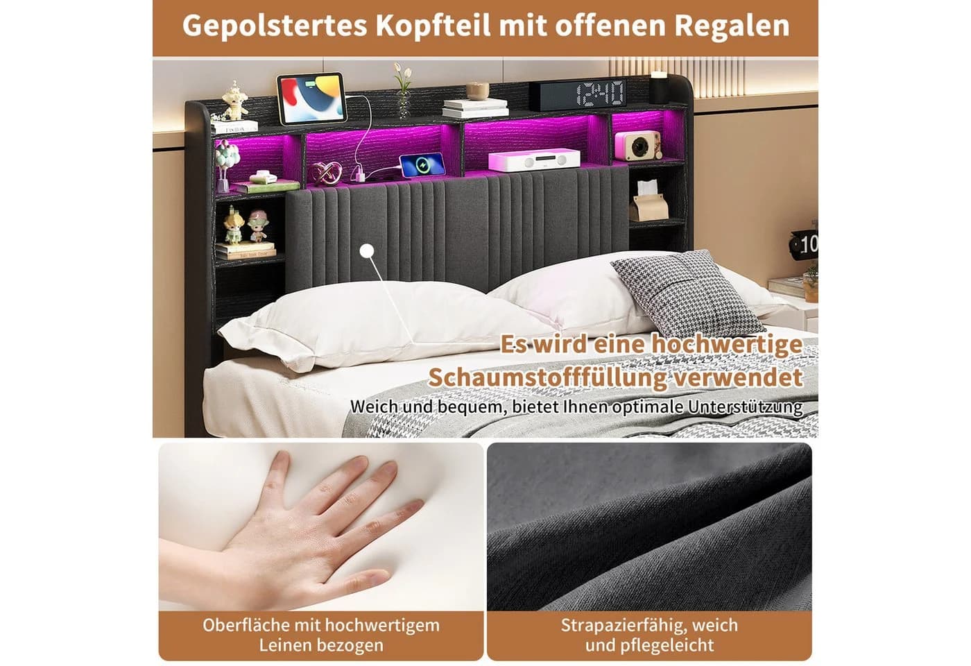 Yelenaro Polsterbett 140x200 Grau mit LED & Stauraum - Bild 4