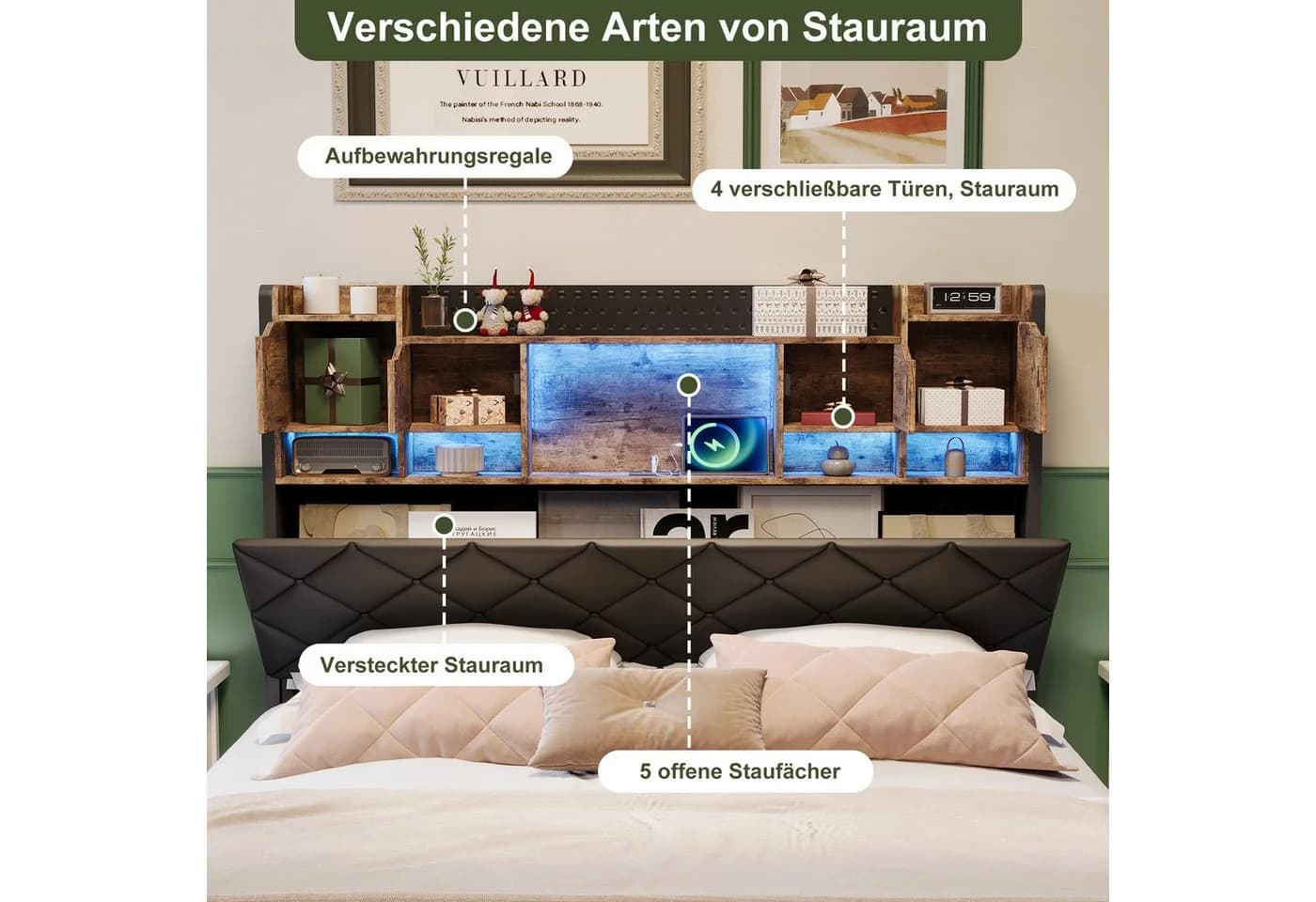 zebery Polsterbett 140x200 mit LED & USB Schwarz