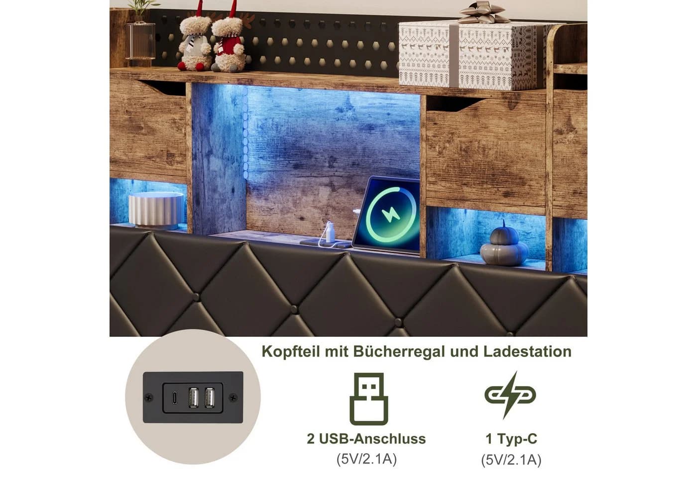 zebery Polsterbett 140x200 mit LED & USB Schwarz - Bild 5