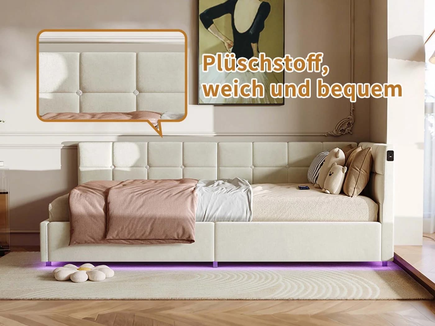 zebery Polsterbett 90x200 Beige Samt mit LED & USB Stauraum