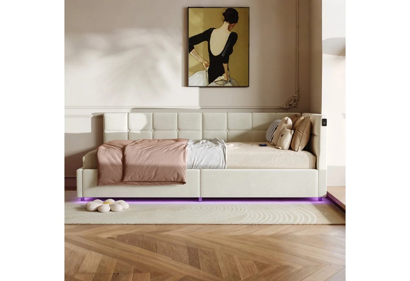 zebery Polsterbett 90x200 Beige Samt mit LED & USB Stauraum - Bild 2