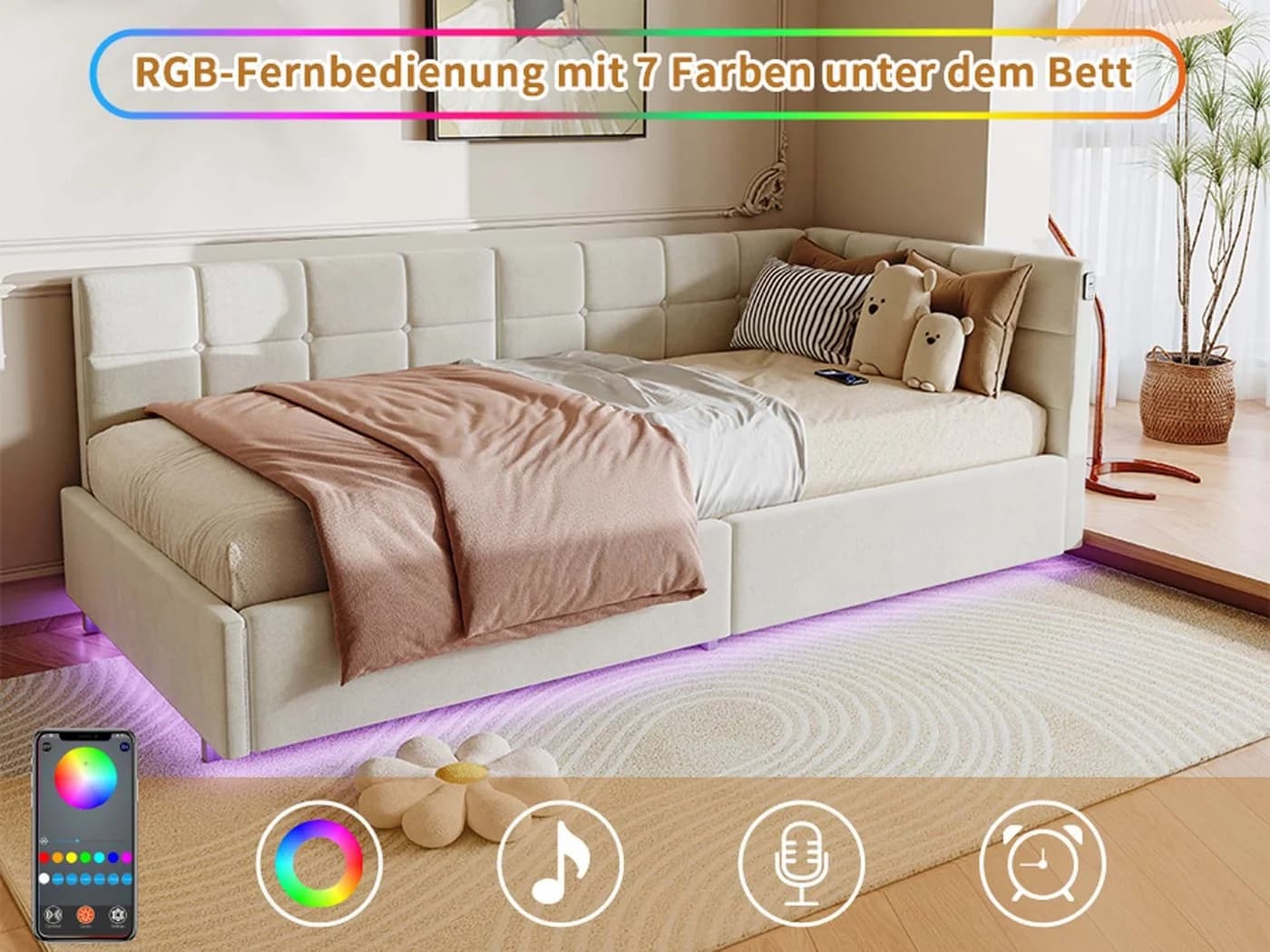 zebery Polsterbett 90x200 Beige Samt mit LED & USB Stauraum - Bild 4