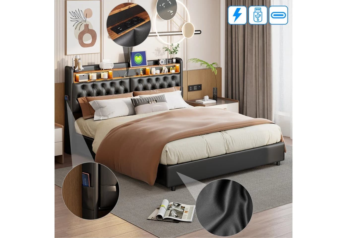 zebery Polsterbett 180x200 Schwarz mit Stauraum und LED