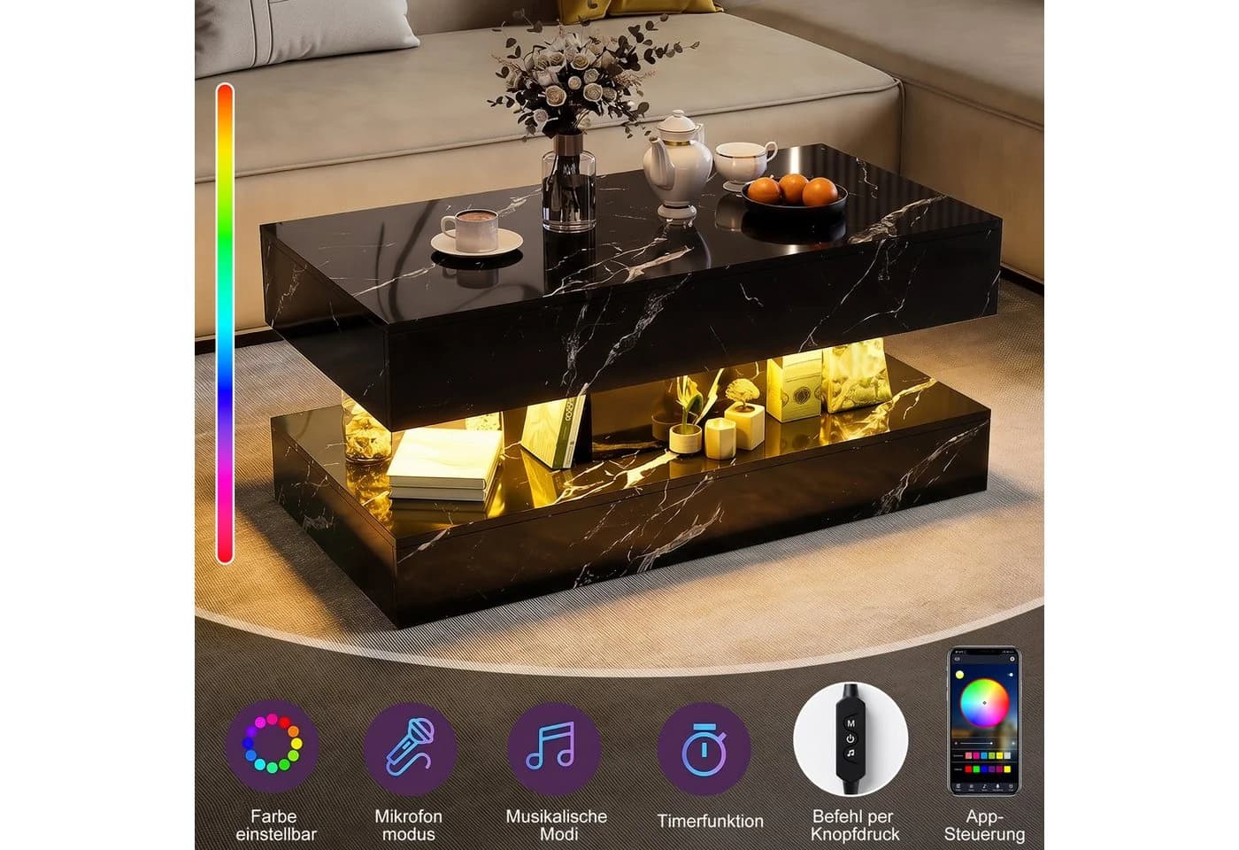 BELUPAI Couchtisch Marmoroptik Schwarz mit LED