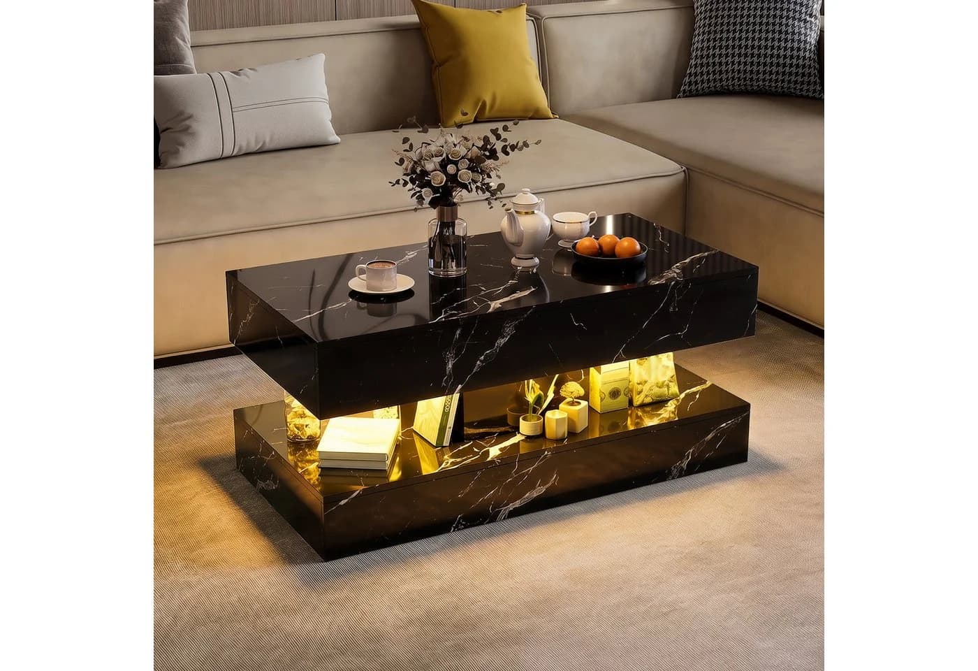 BELUPAI Couchtisch Marmoroptik Schwarz mit LED - Bild 2