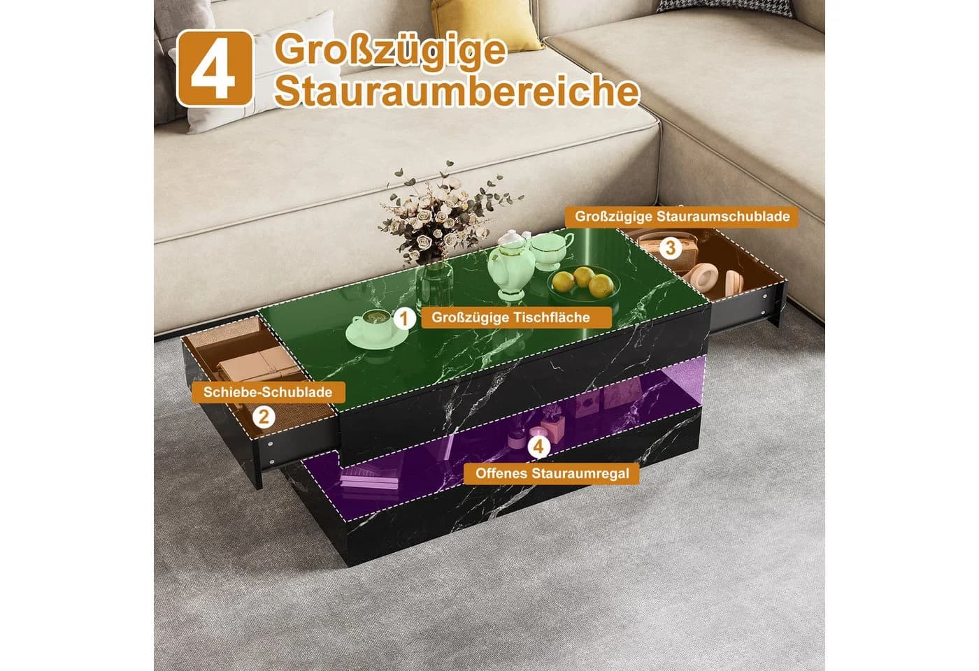 BELUPAI Couchtisch Marmoroptik Schwarz mit LED - Bild 3