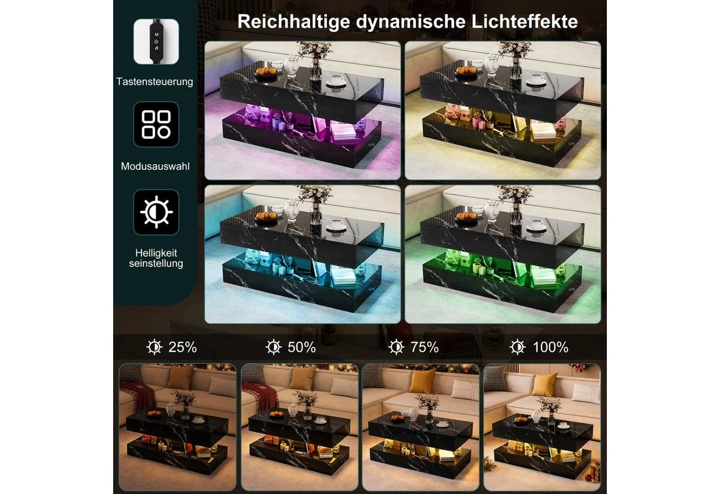 BELUPAI Couchtisch Marmoroptik Schwarz mit LED - Bild 5
