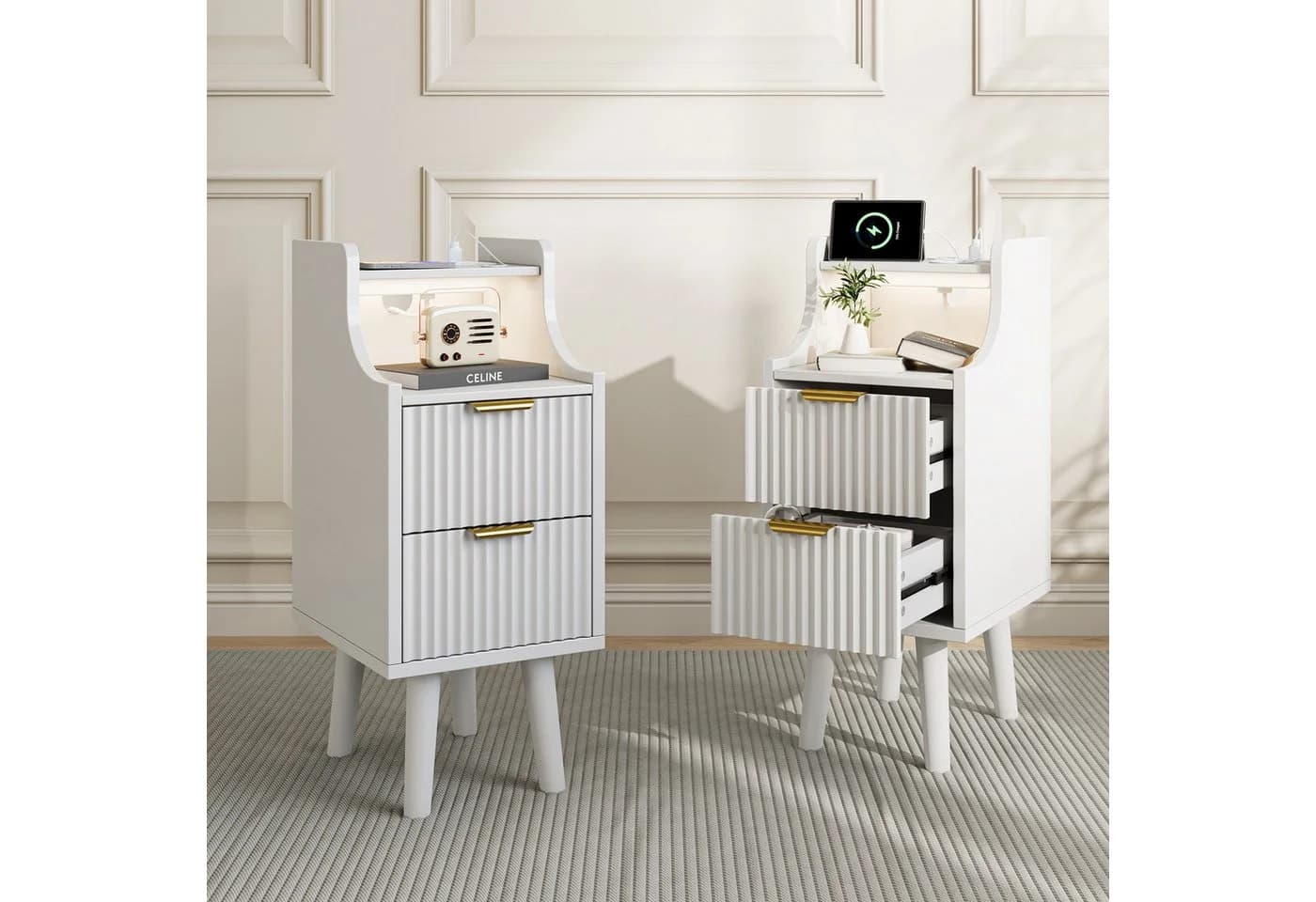 ADWOLT Nachttisch Weiß mit LED, USB & Steckdosen, 2 Schubladen