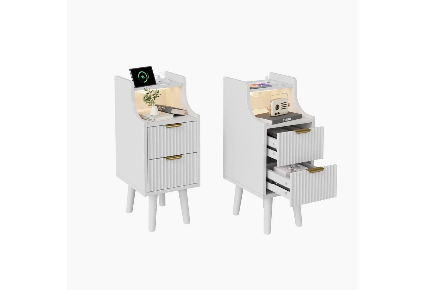 ADWOLT Nachttisch Weiß mit LED, USB & Steckdosen, 2 Schubladen - Bild 2