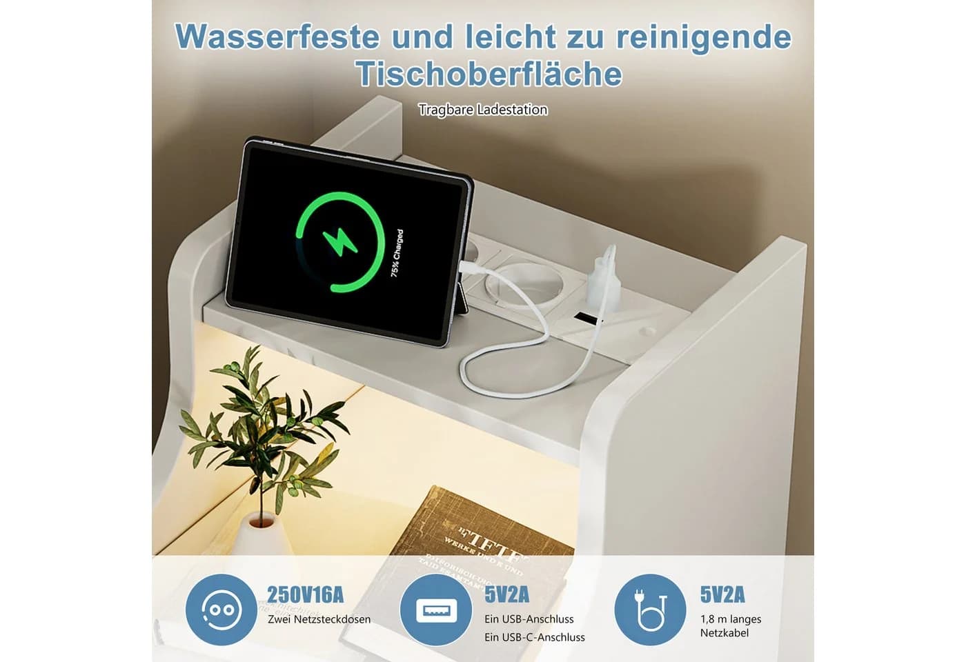 ADWOLT Nachttisch Weiß mit LED, USB & Steckdosen, 2 Schubladen - Bild 4