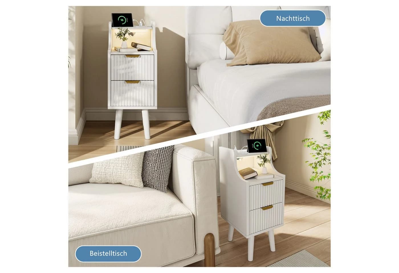 ADWOLT Nachttisch Weiß mit LED, USB & Steckdosen, 2 Schubladen - Bild 5