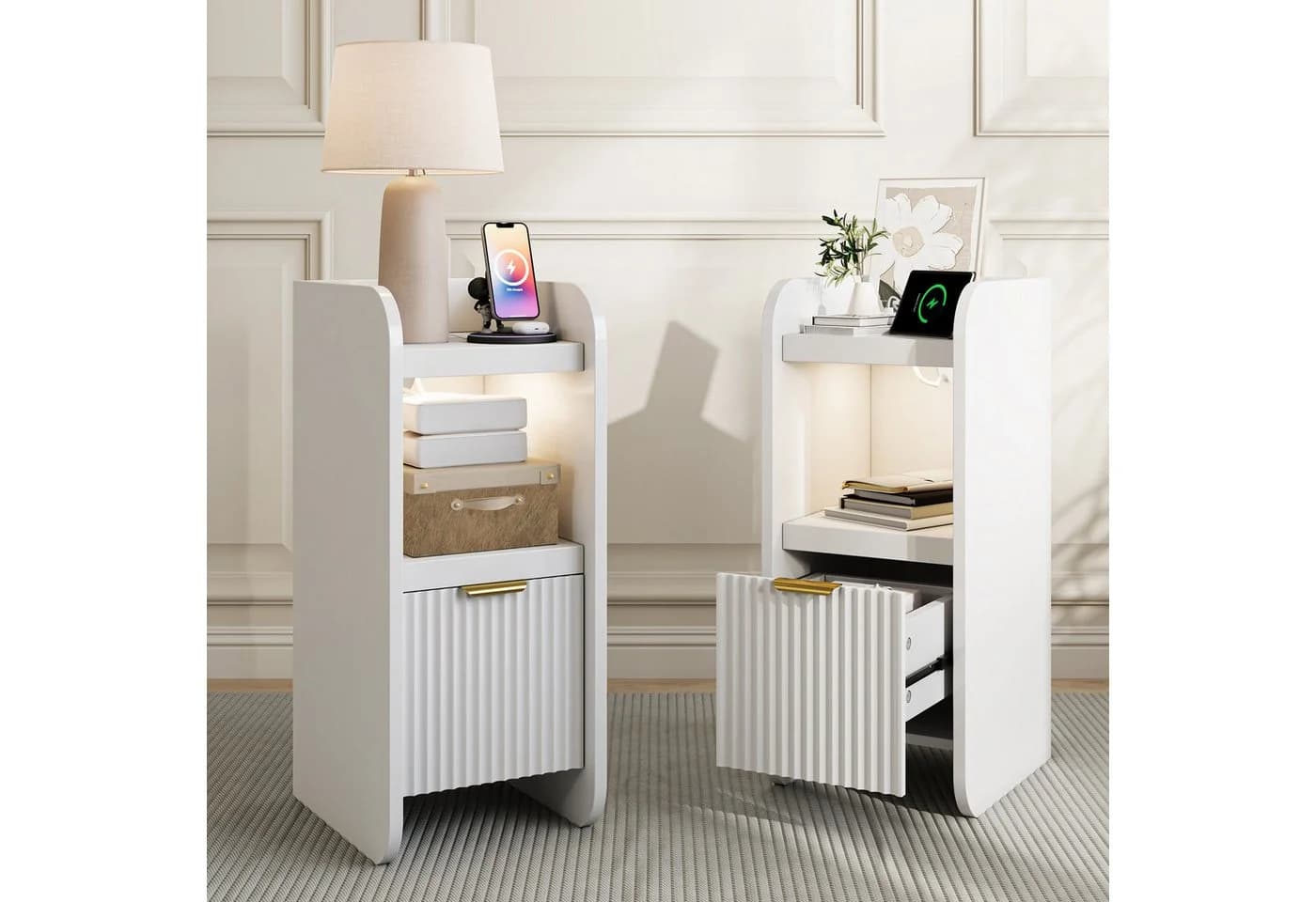 ADWOLT Nachttisch Weiß mit LED, Steckdosen & USB-Anschluss