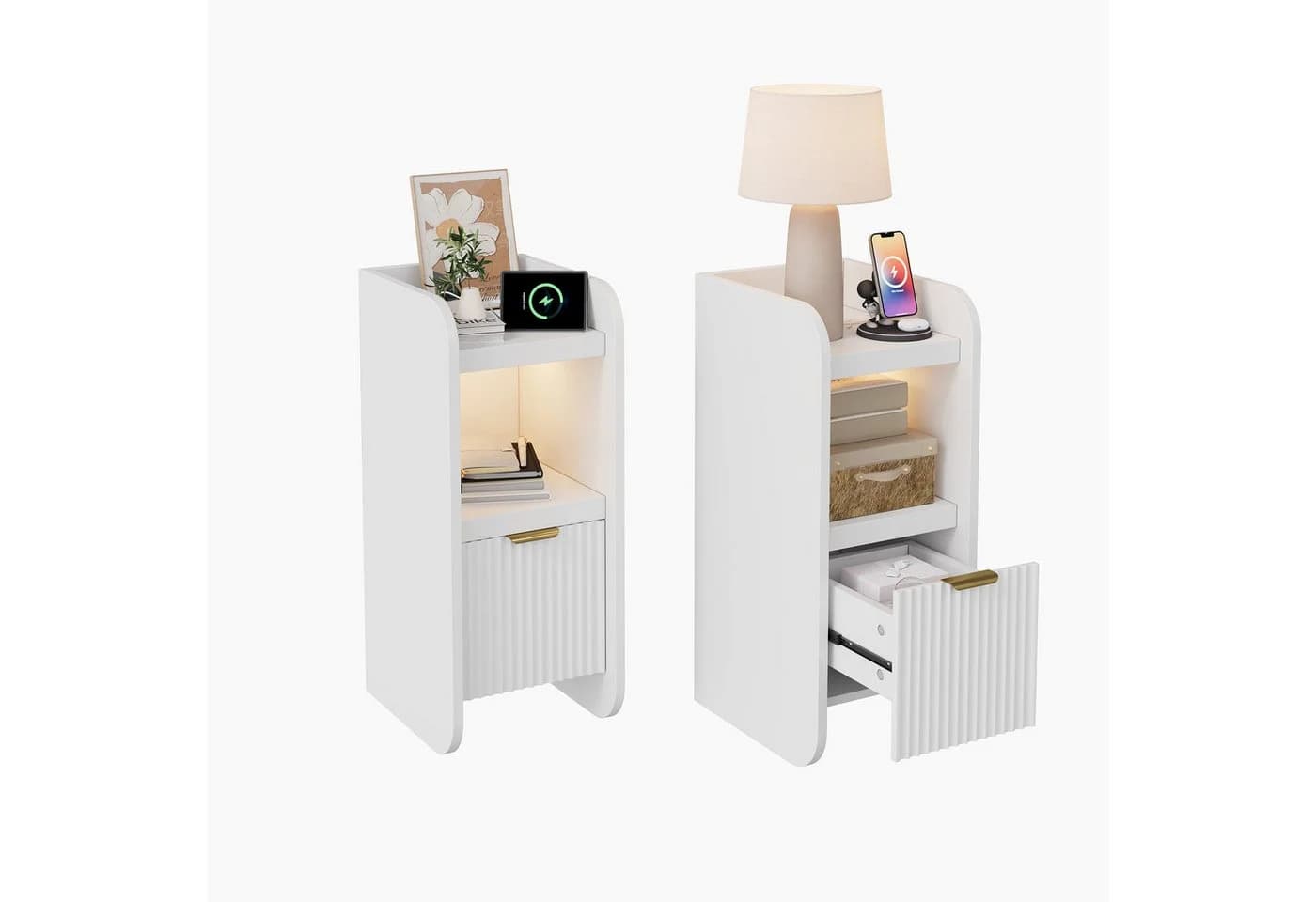ADWOLT Nachttisch Weiß mit LED, Steckdosen & USB-Anschluss - Bild 2