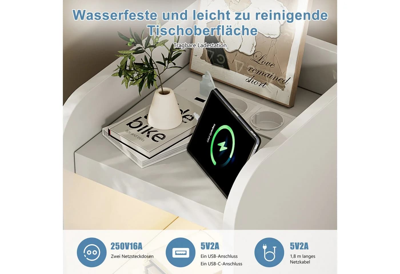 ADWOLT Nachttisch Weiß mit LED, Steckdosen & USB-Anschluss - Bild 4
