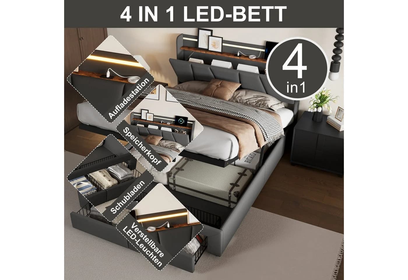 Yelenaro Polsterbett mit LED, Stauraum & USB-Anschlüssen Grau - Bild 4