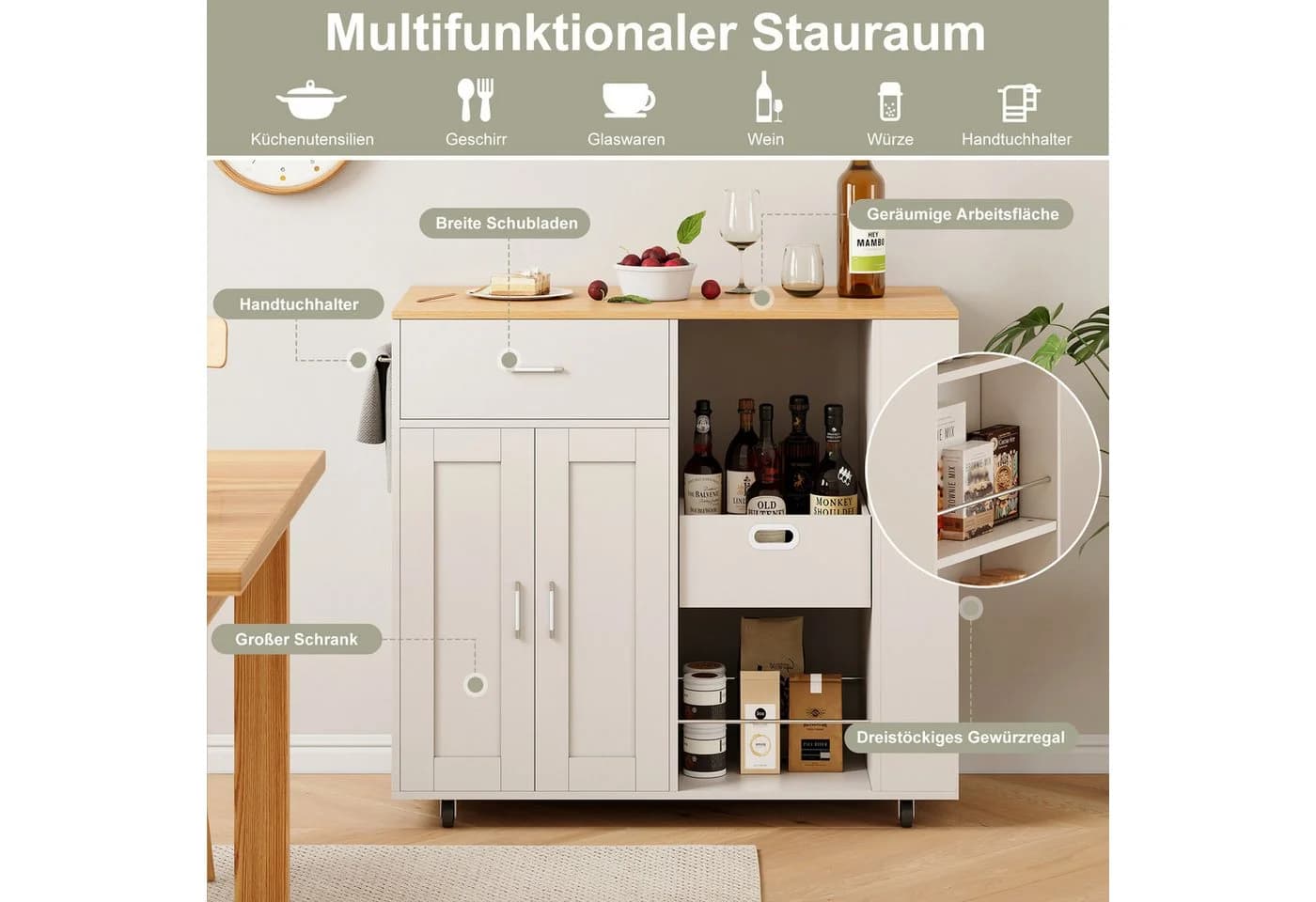 BELUPAI Kücheninsel Weiß Holzoptik Mobile Küchenwagen mit Schubladen