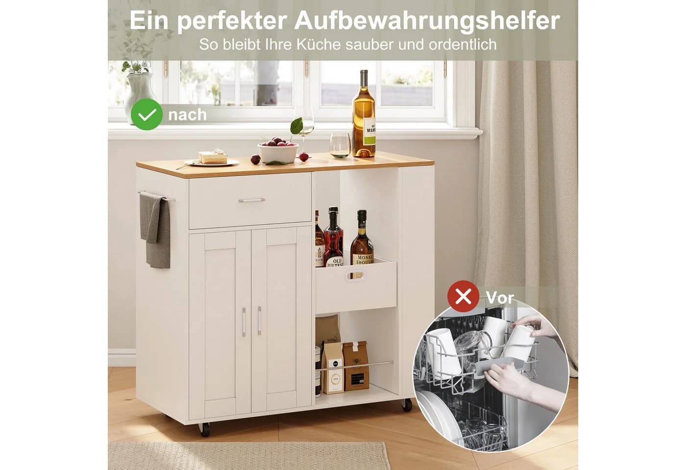 BELUPAI Kücheninsel Weiß Holzoptik Mobile Küchenwagen mit Schubladen - Bild 4