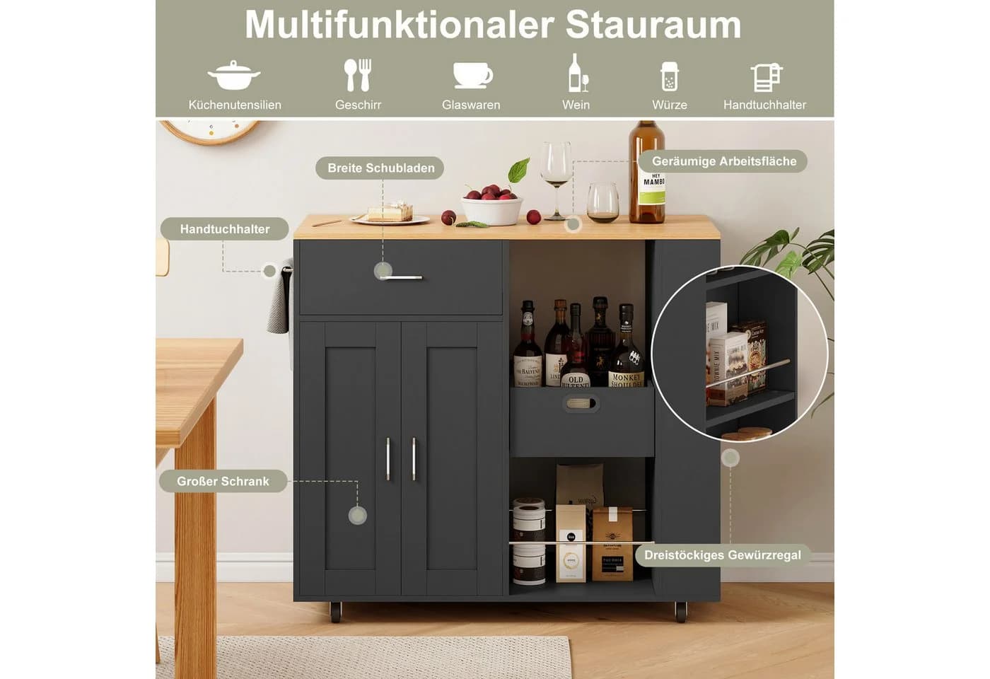 BELUPAI Kücheninsel Schwarz mit Schubladen & Rollen