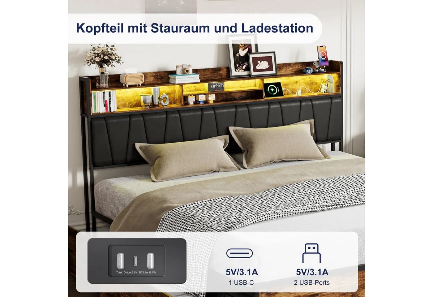 zebery Polsterbett Stauraumbett 180x200 Schwarz mit LED & Schubladen