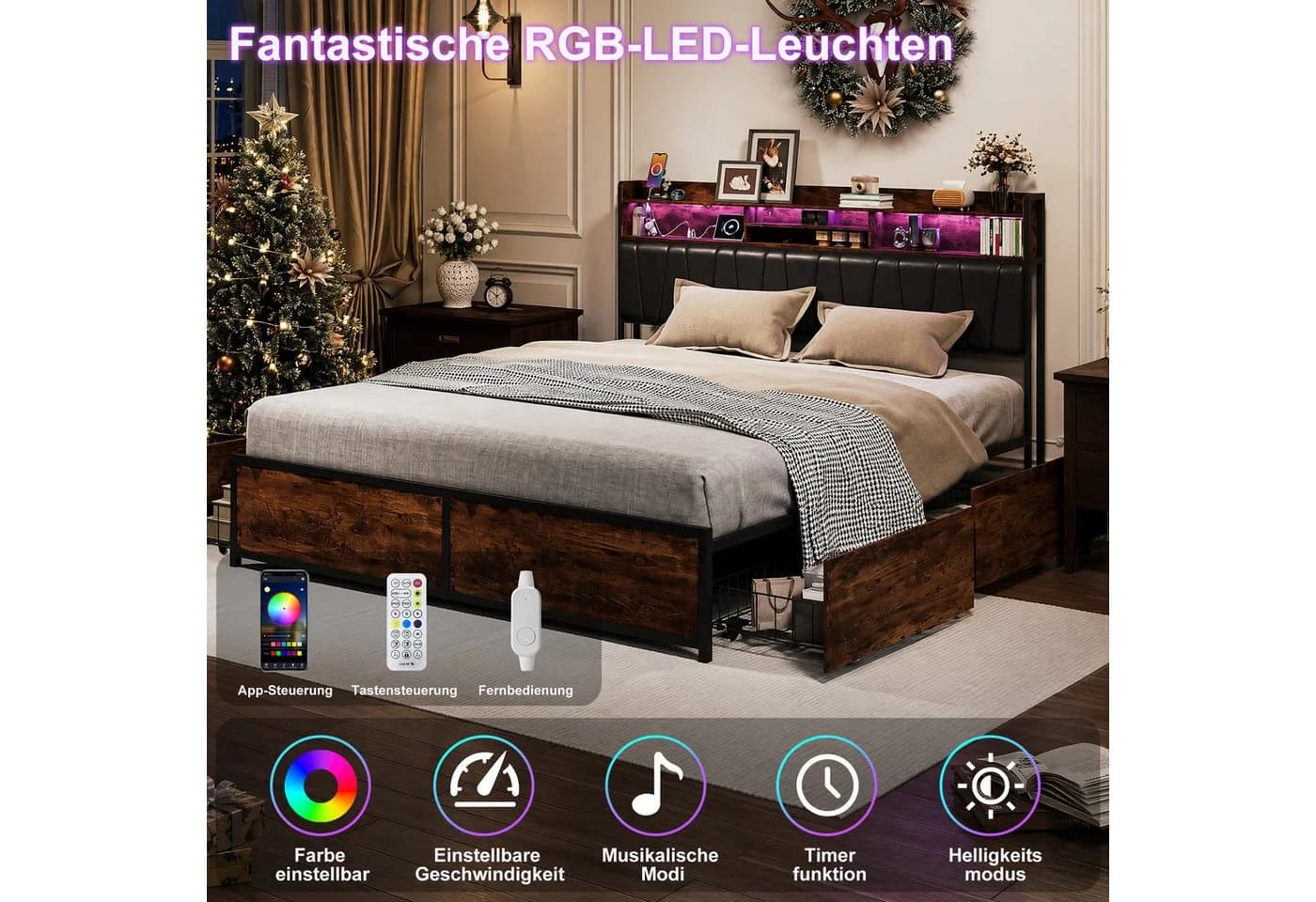 zebery Polsterbett Stauraumbett 180x200 Schwarz mit LED & Schubladen - Bild 3