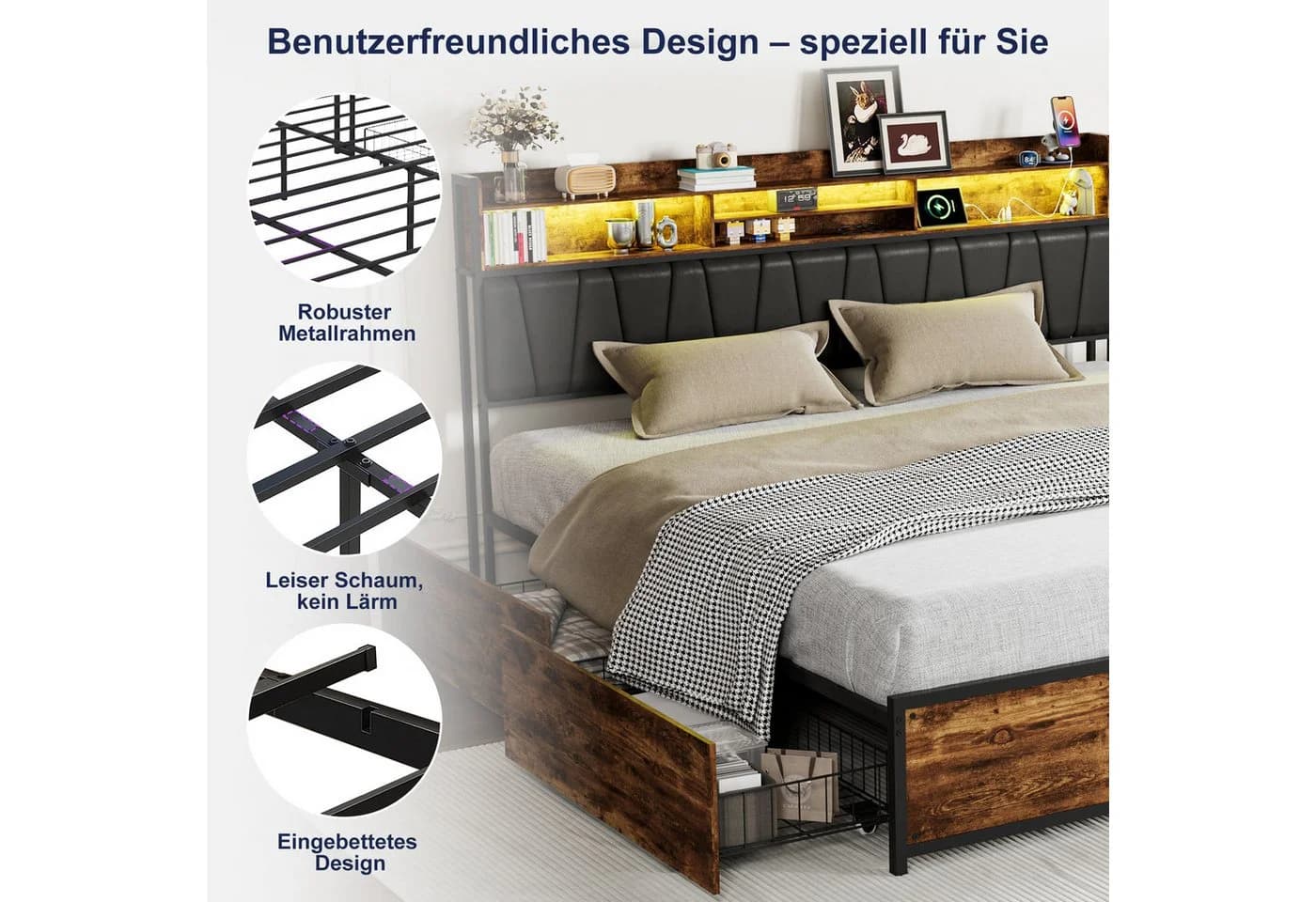 zebery Polsterbett Stauraumbett 180x200 Schwarz mit LED & Schubladen - Bild 4
