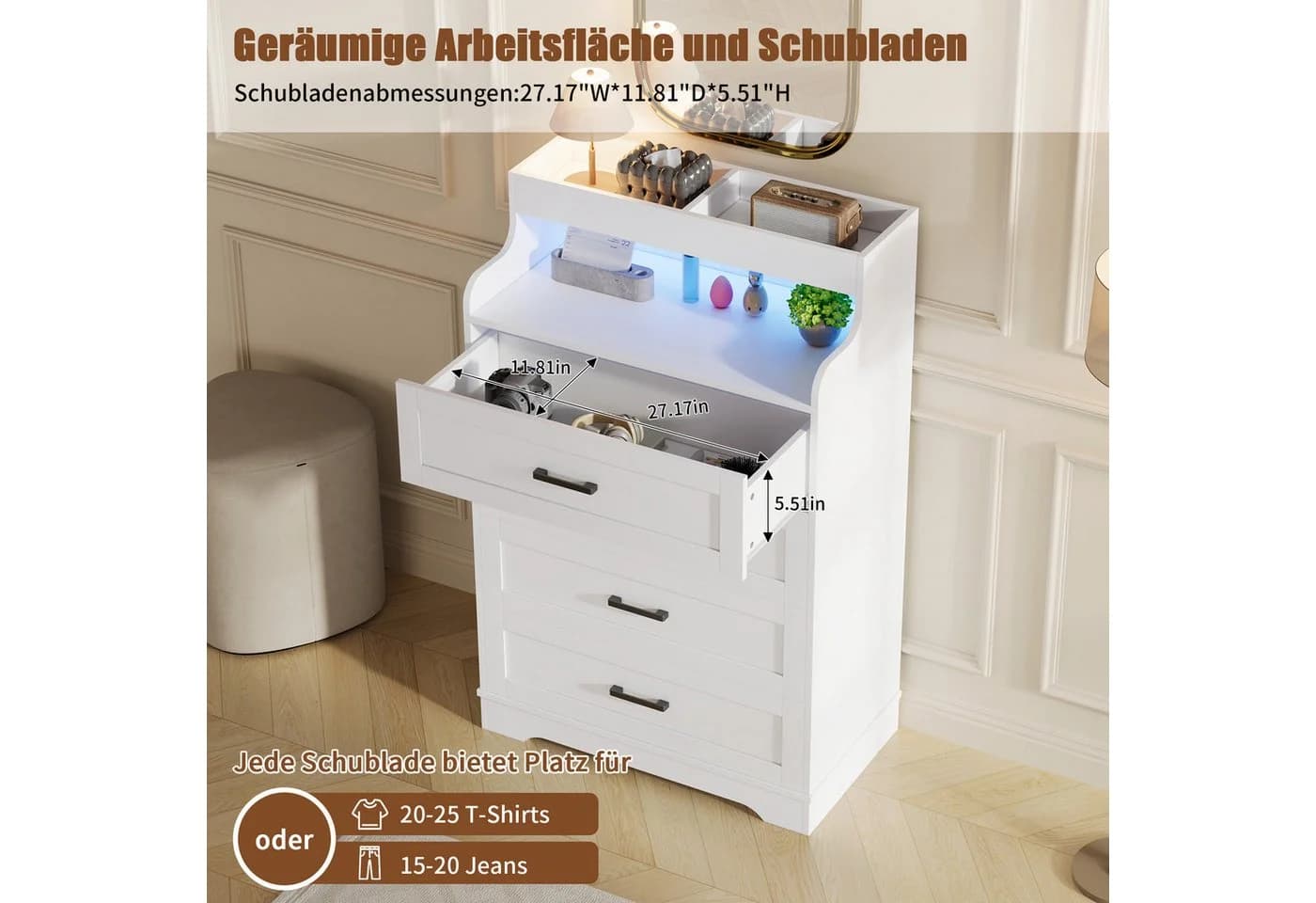 zebery Kommode 4 Schubladen weiß mit LED-Beleuchtung - Bild 3