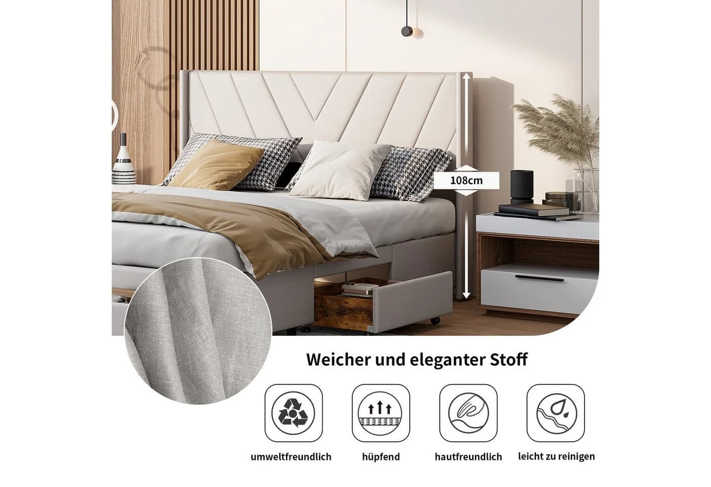 Furnishings Home Polsterbett mit Schubladen und Lattenrost Leinen - Bild 5
