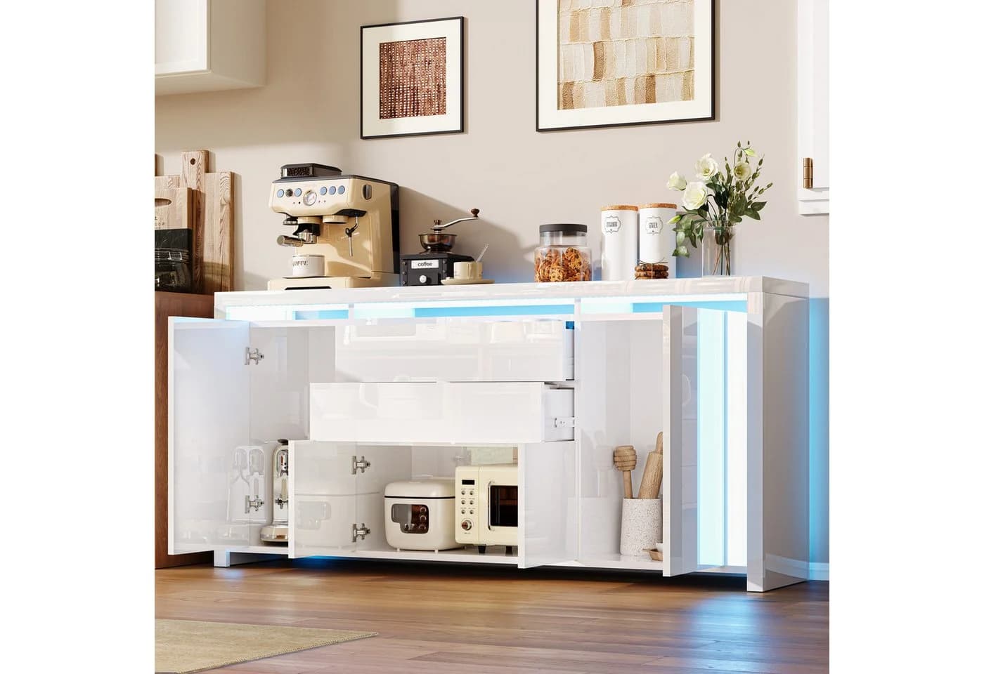 Gdood Sideboard mit 4 Türen, LED Hochglanz 160x35x75cm