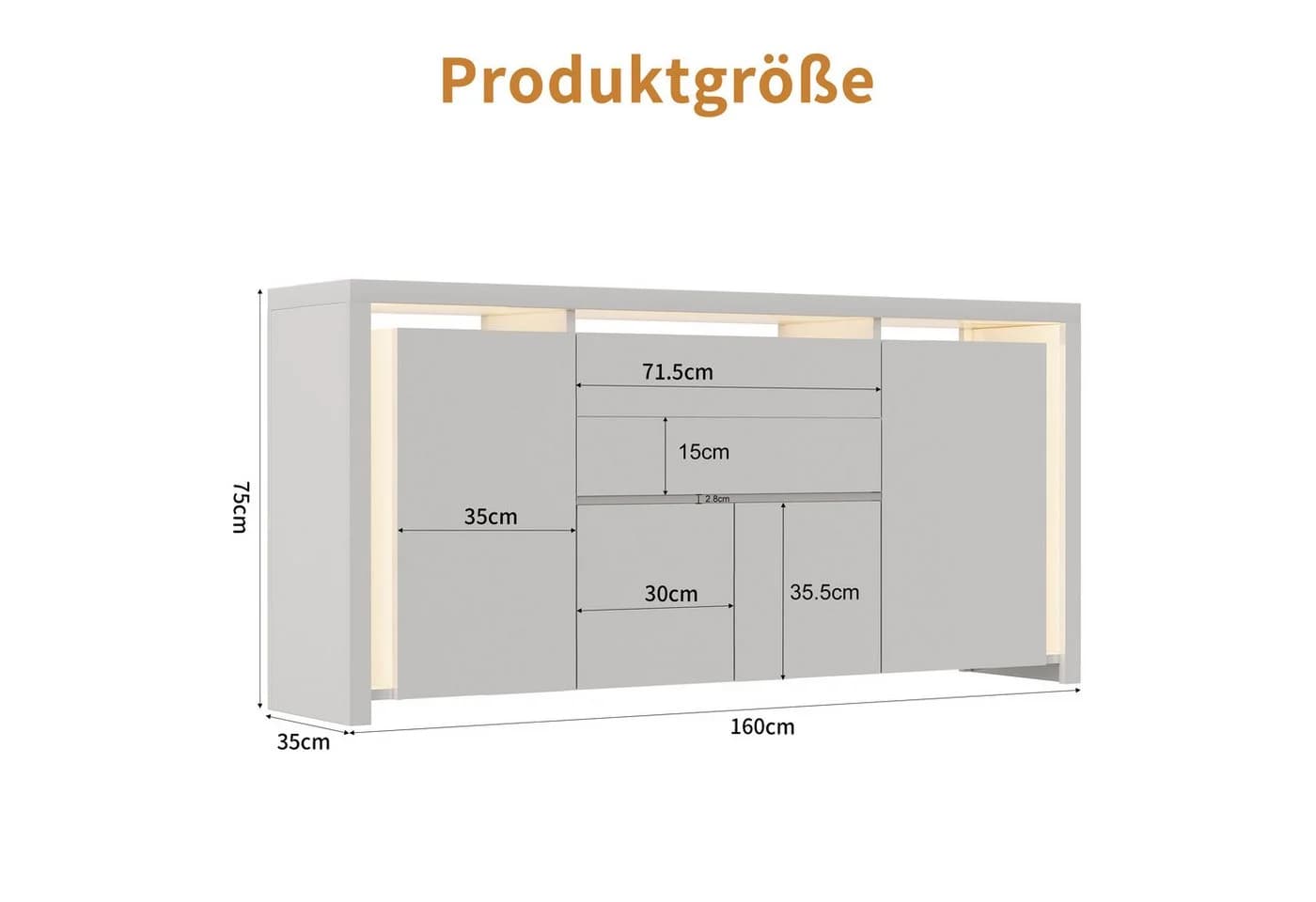 Gdood Sideboard mit 4 Türen, LED Hochglanz 160x35x75cm - Bild 4