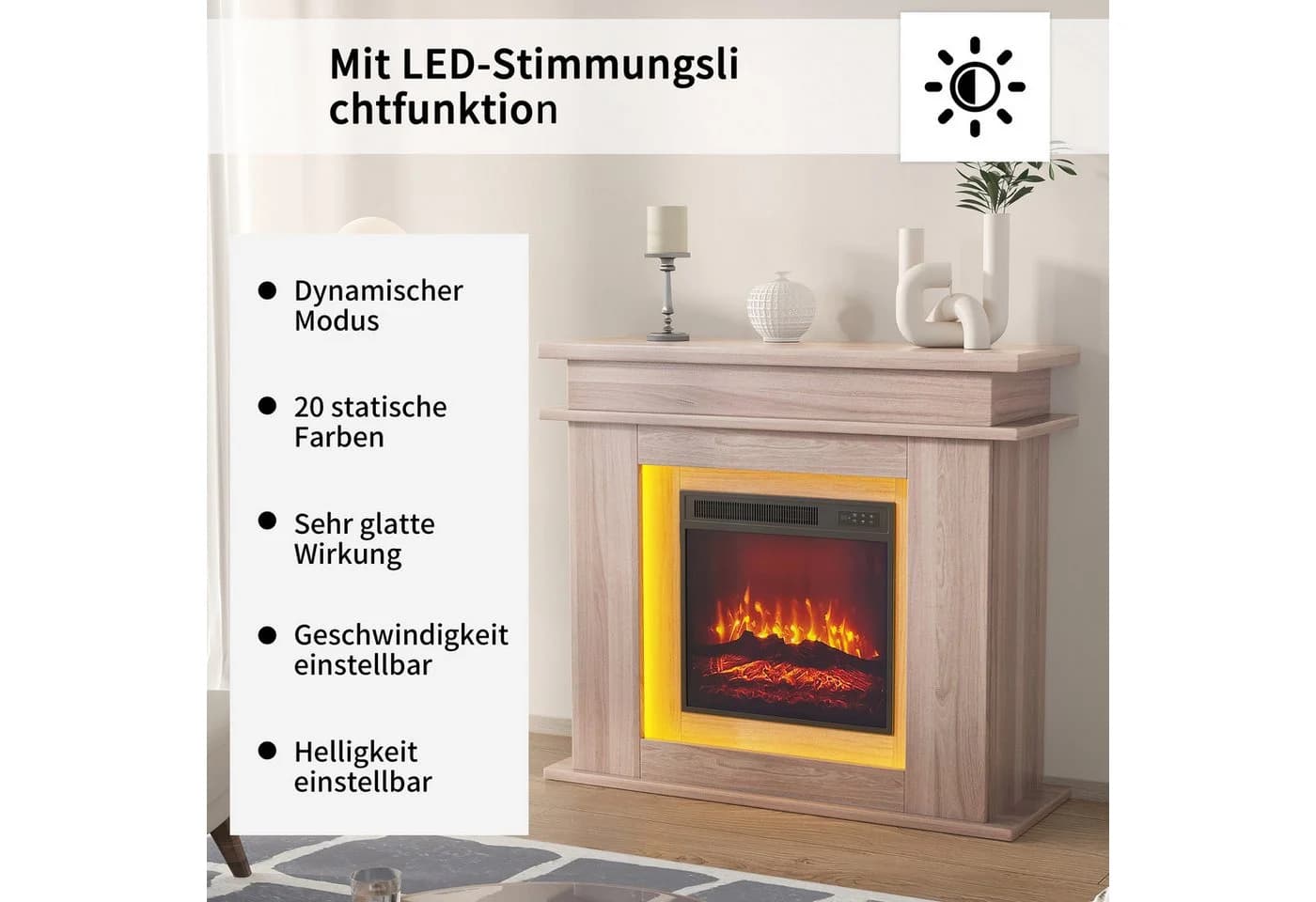 Gdood Elektrokamin mit Heizung 2000W, 3D LED Flammen, 12 Farben, Fernbedienung - Bild 4
