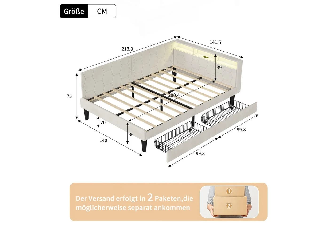 Furnishings Home LED Polsterbett 90 x 200 cm mit LED-Beleuchtung und Ladefunktion - Bild 5