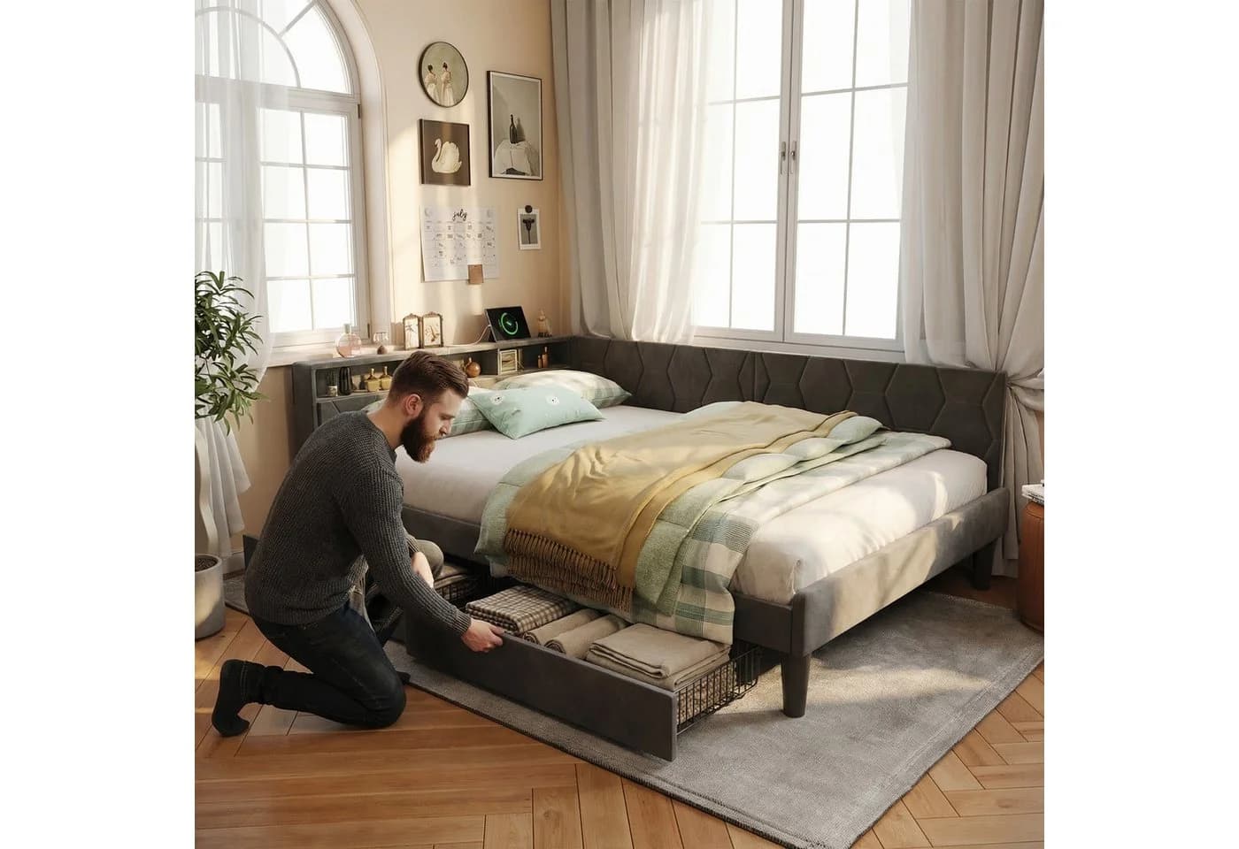 Furnishings Home Polsterbett 90 x 200 cm LED Daybett Tagesbett Ausziehbett Samt