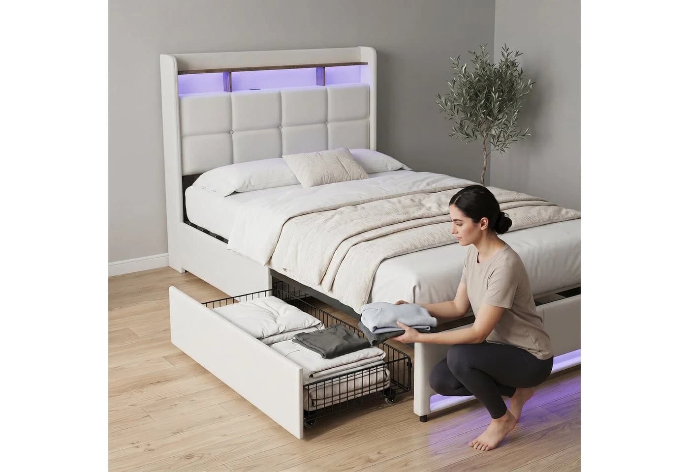 Furnishings Home LED Polsterbett 90x200 cm mit Stauraum und LED-Beleuchtung