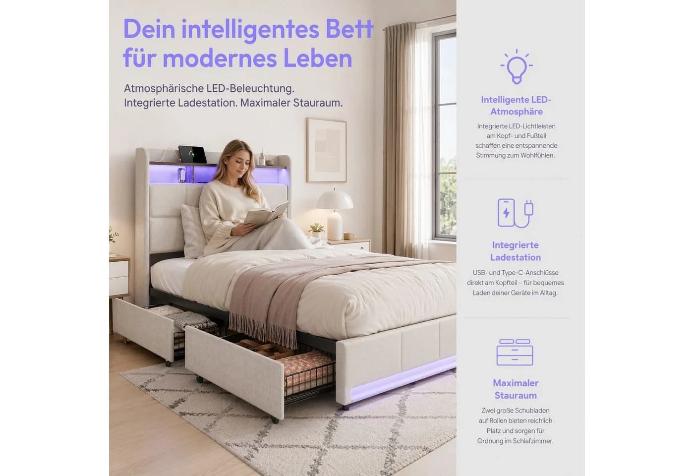 Furnishings Home LED Polsterbett 90x200 cm mit Stauraum und LED-Beleuchtung - Bild 3