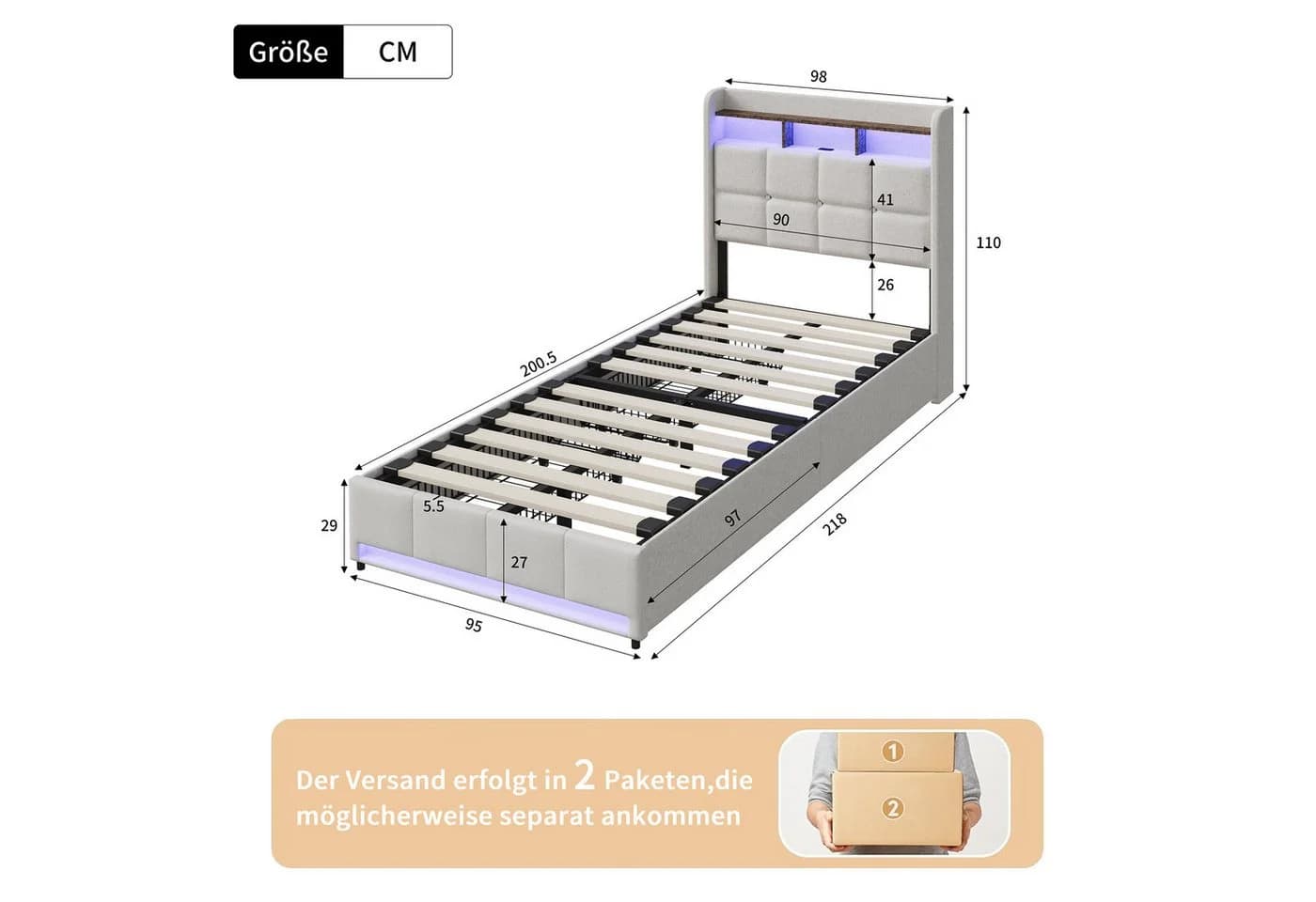Furnishings Home LED Polsterbett 90x200 cm mit Stauraum und LED-Beleuchtung - Bild 5