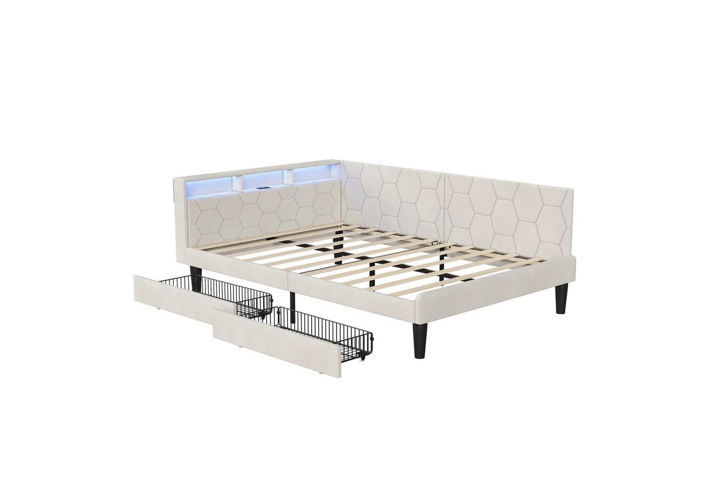 Gdood Polsterbett LED 140x200 cm Samtstoff Tagesbett Ausziehbett