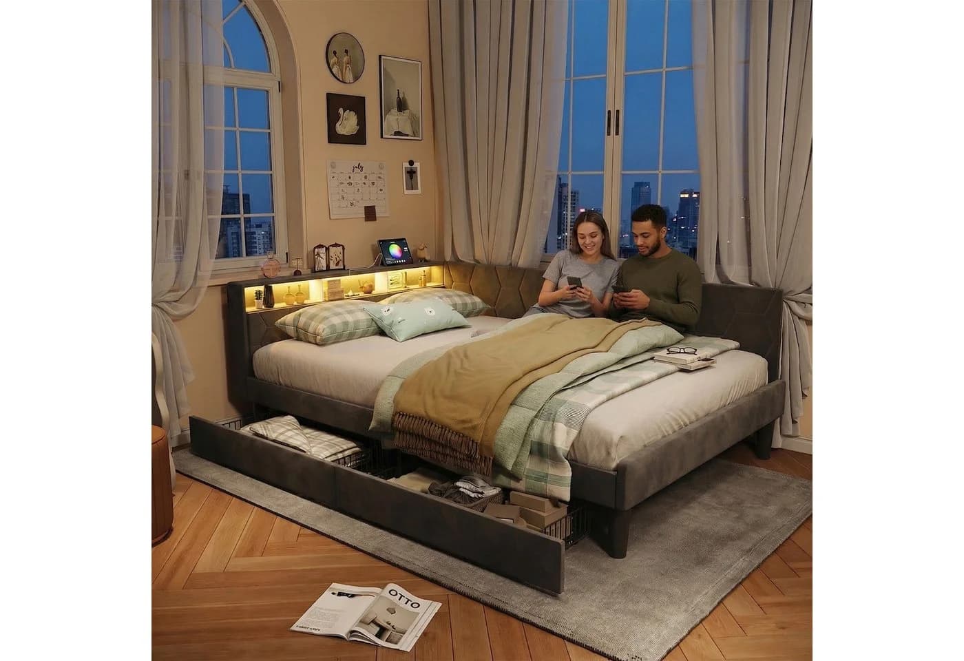 Gdood Polsterbett LED-Beleuchtung 140x200 cm Samtstoff - Bild 4