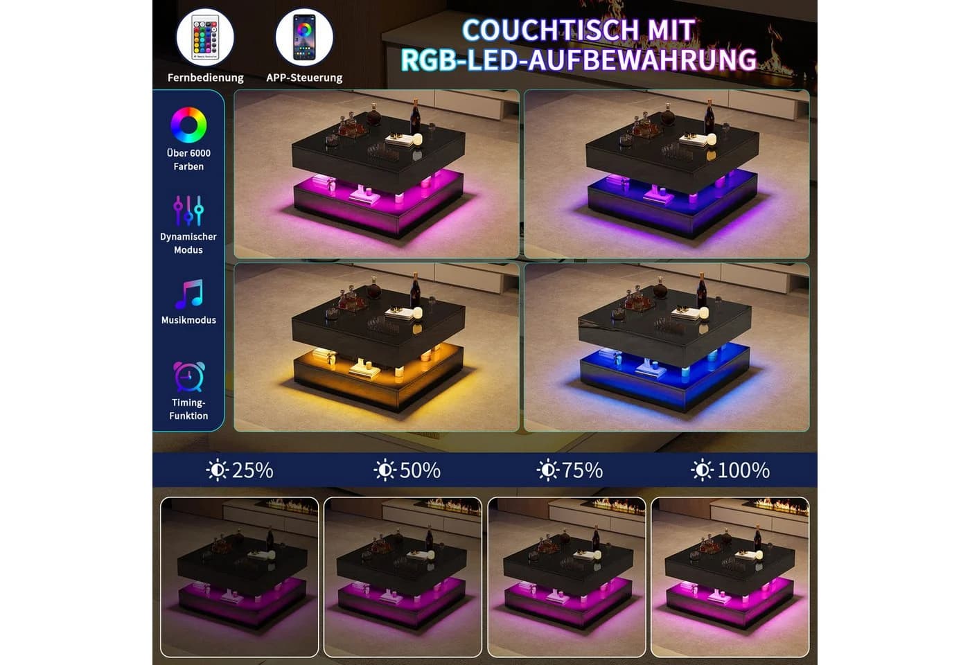 Furnishings Home LED-Couchtisch Schwarz Hochglanz mit Stauraum - Bild 3