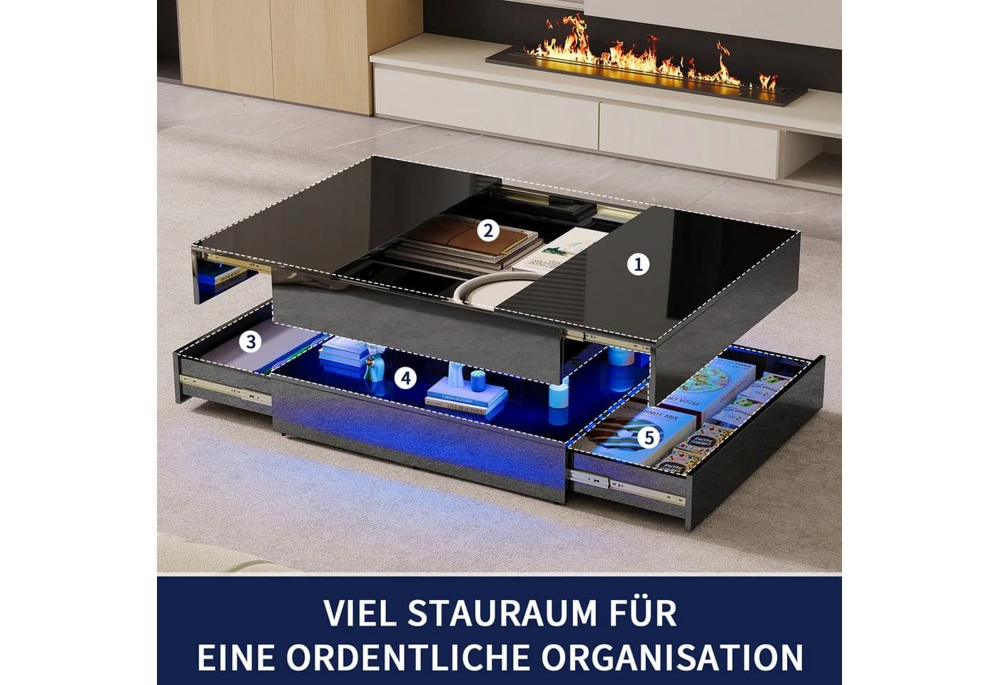 Furnishings Home LED-Couchtisch Schwarz Hochglanz mit Stauraum - Bild 4