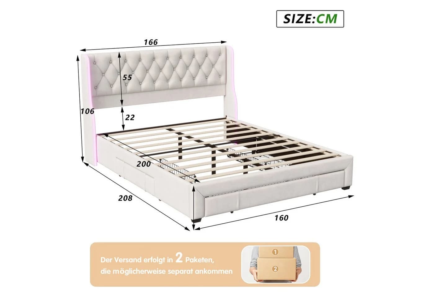 Furnishings Home Polsterbett Stauraumbett Doppelbett 160x200 cm mit LED-Beleuchtung und Samt - Bild 5
