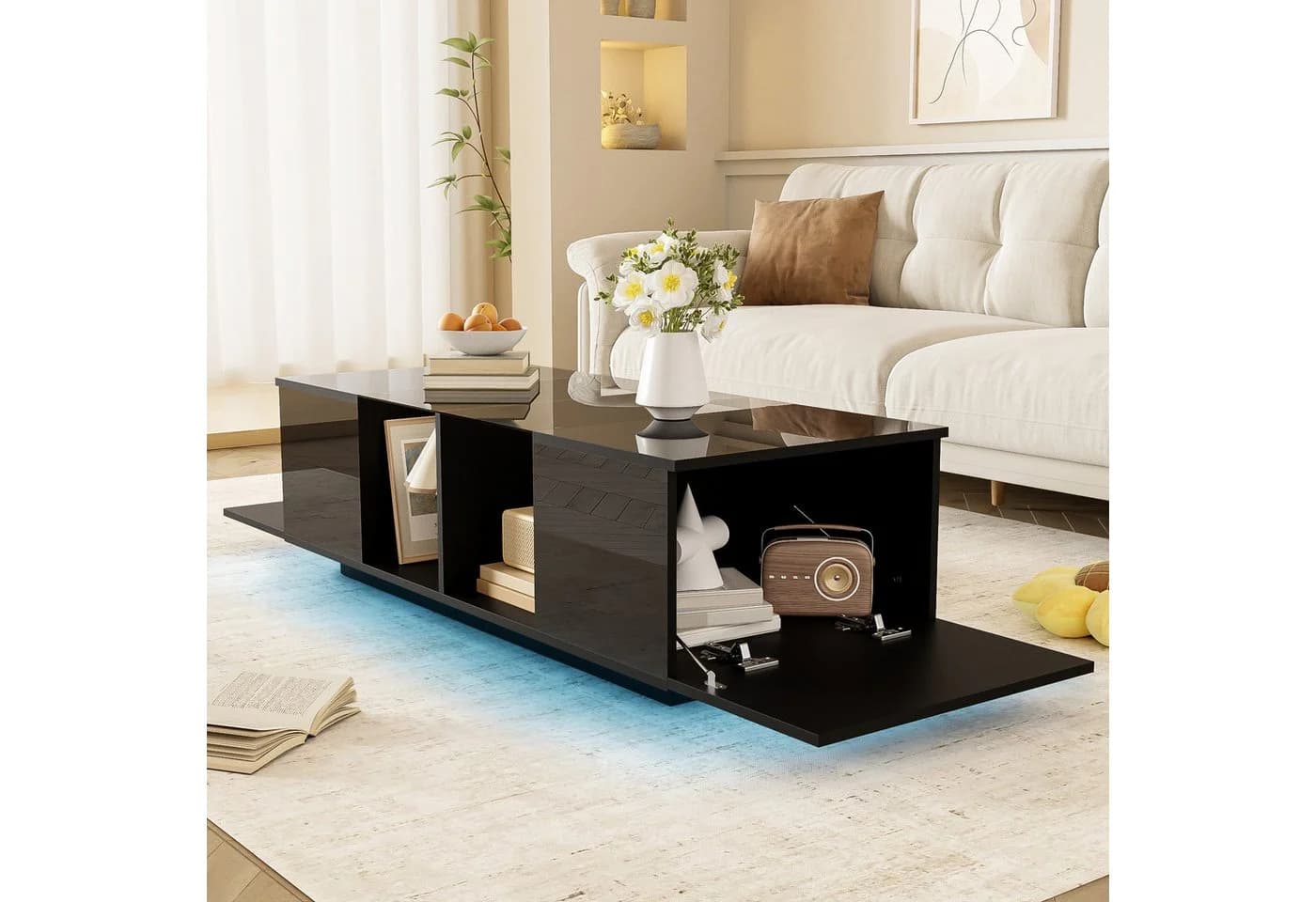 Furnishings Home Couchtisch Schwarz Hochglanz mit LED-Beleuchtung und Glasplatte
