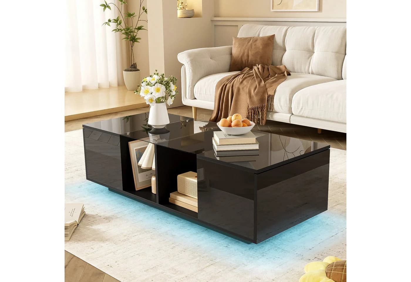 Furnishings Home Couchtisch Schwarz Hochglanz mit LED-Beleuchtung und Glasplatte - Bild 2