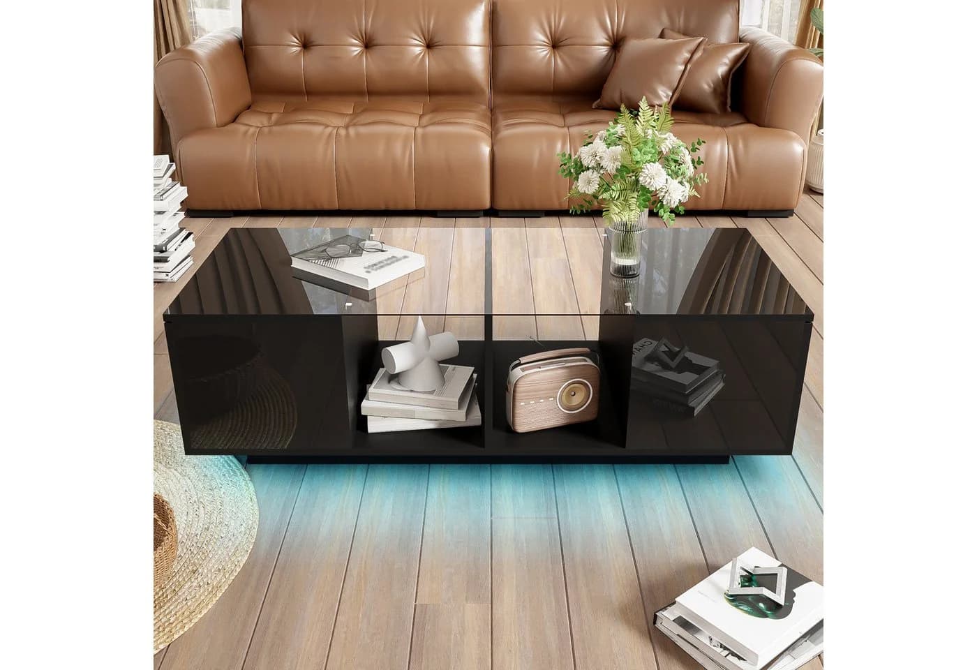 Furnishings Home Couchtisch Schwarz Hochglanz mit LED-Beleuchtung und Glasplatte - Bild 3