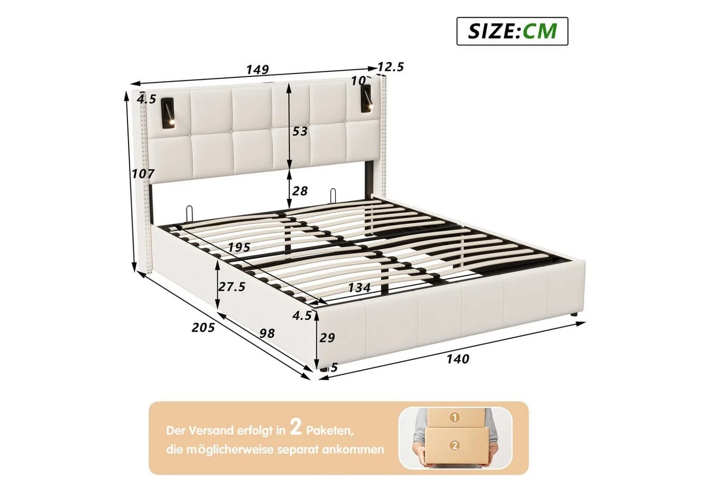 Gdood Polsterbett 140x200 cm Beige Samt Stauraum LED - Bild 3