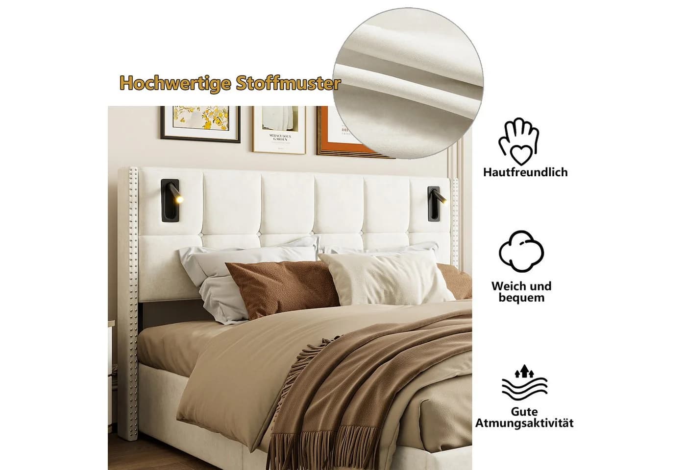 Gdood Polsterbett 140x200 cm Beige Samt Stauraum LED - Bild 4